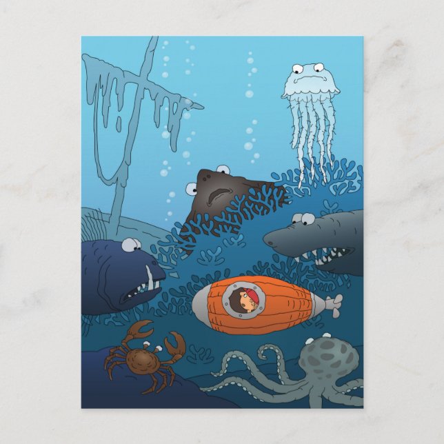 Cartoon Boy U-Boot-Tiere Koralle Welt Postkarte (Vorderseite)