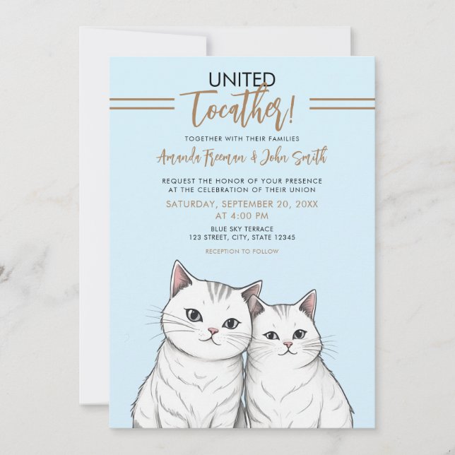 Cartoon Braun und weiße Niedliche Katzen Hochzeit Einladung (Vorderseite)