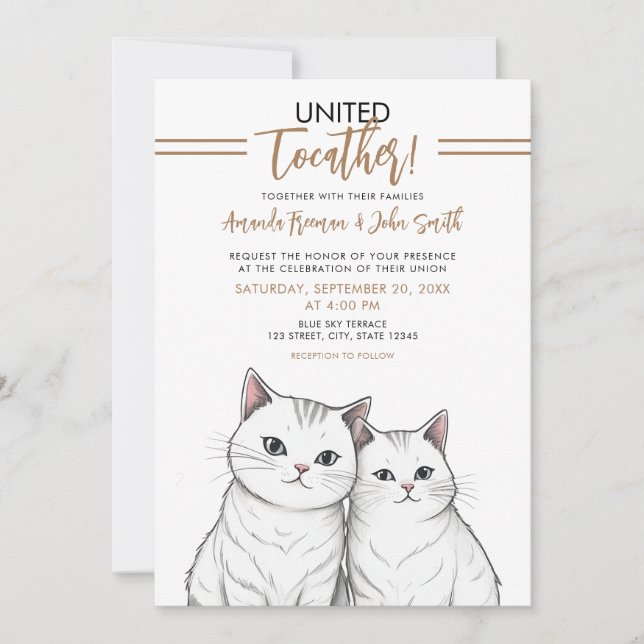 Cartoon Braun und weiße Niedliche Katzen Hochzeit Einladung (Vorderseite)