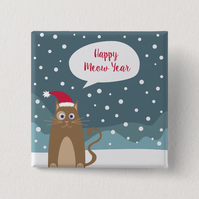 Cartoon braune Kitty trägt Weihnachtsmannmütze im  Button (Vorderseite)