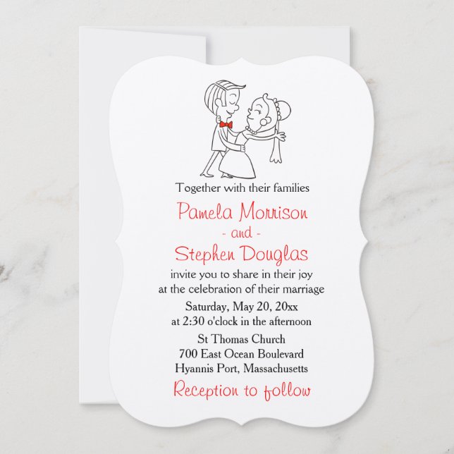Cartoon Braut & Groom Black, White & Red Wedding Einladung (Vorderseite)