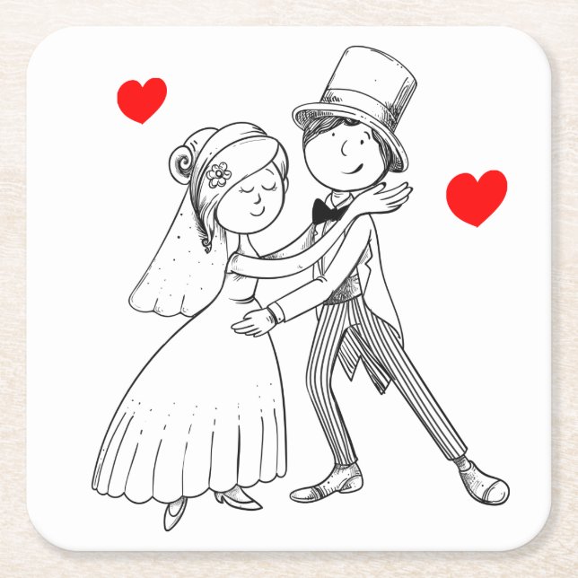 Cartoon Braut & Groom Dancing Hochzeit nur verheir Rechteckiger Pappuntersetzer (Vorderseite)