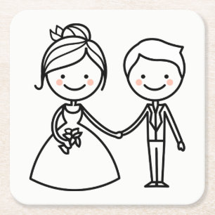 Cartoon Braut & Groom Schwarz und Weiß Hochzeit Rechteckiger Pappuntersetzer