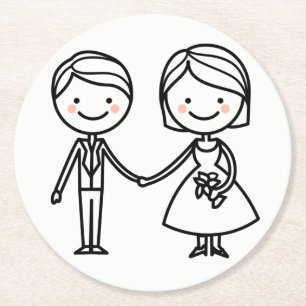 Cartoon Braut & Groom Schwarz und Weiß Hochzeit Runder Pappuntersetzer