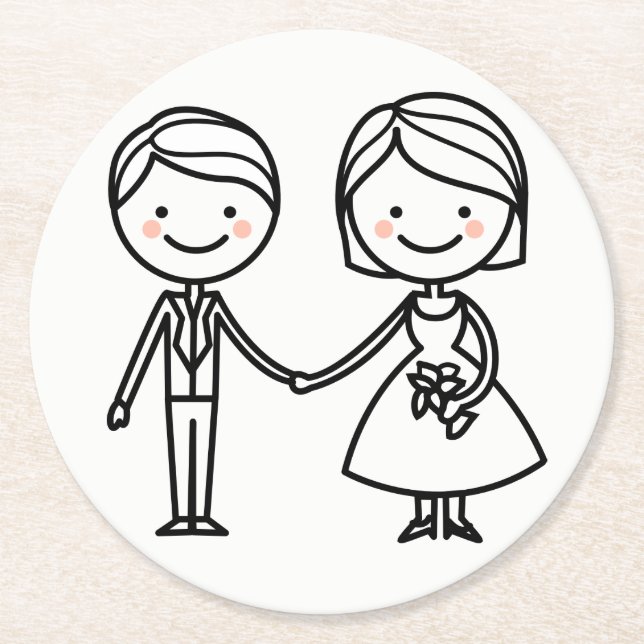 Cartoon Braut & Groom Schwarz und Weiß Hochzeit Runder Pappuntersetzer (Vorderseite)