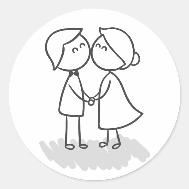 Cartoon Braut und Groom Black & White Wedding Lieb Runder Aufkleber (Vorderseite)