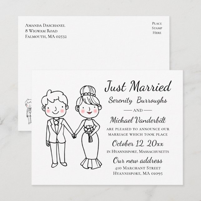 Cartoon Bride Groom Just Married Wedding Ankündigungspostkarte (Vorne/Hinten)