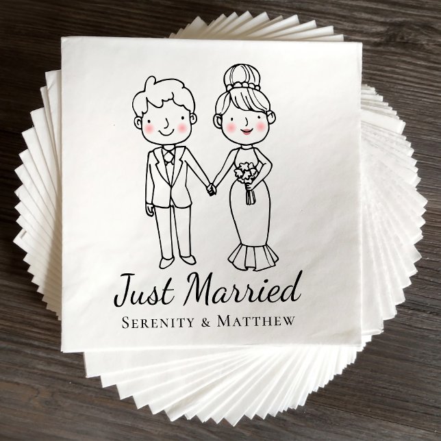 Cartoon Bride Groom Just Married Wedding Napkins Serviette (Von Creator hochgeladen)