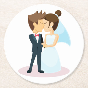 Cartoon Bride & Groom Kissing Wedding Runder Pappuntersetzer