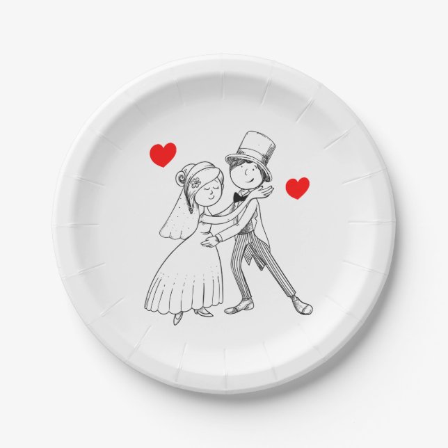 Cartoon Bride Groom Nur verheiratet Hochzeit Schwa Pappteller (Vorderseite)