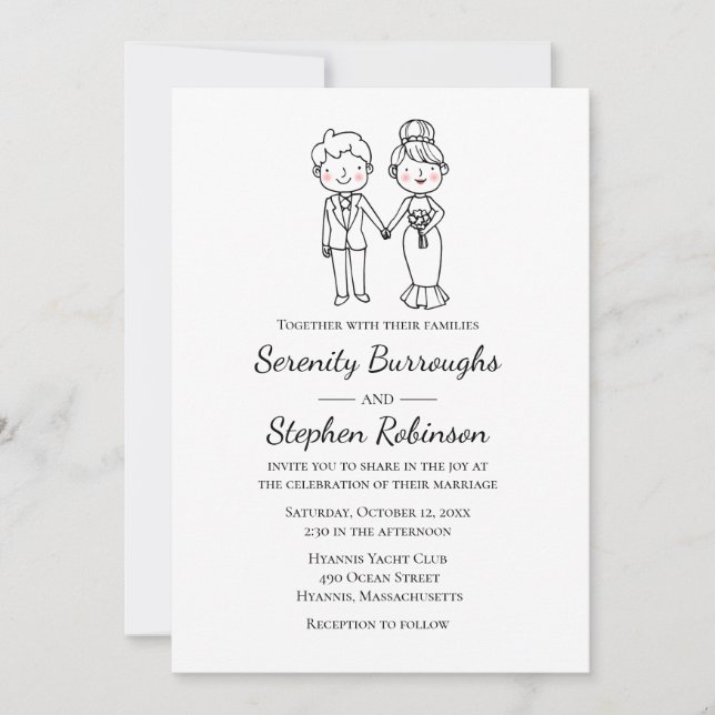 Cartoon Bride Groom Schwarz-weiß Whimsical Wedding Einladung (Vorderseite)