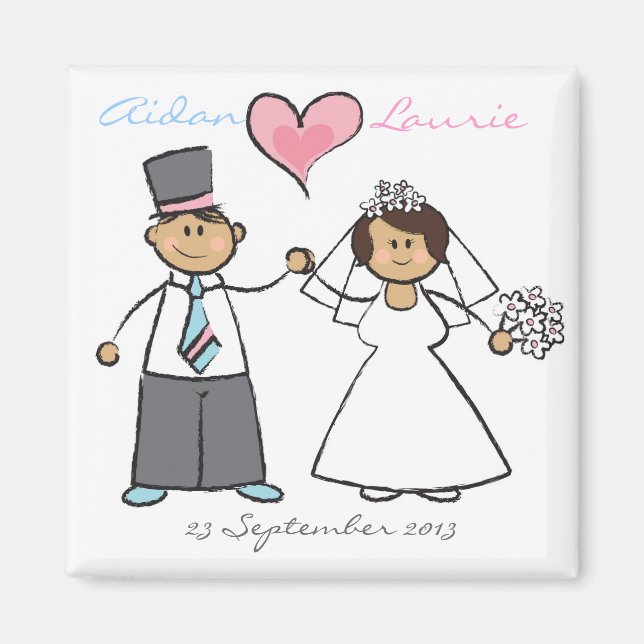 Cartoon Bride & Groom Wedding Couple Save the Date Magnet (Vorne)