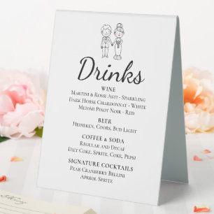 Cartoon Bride Groom Whimsical Wedding Drinks Bar Tischaufsteller