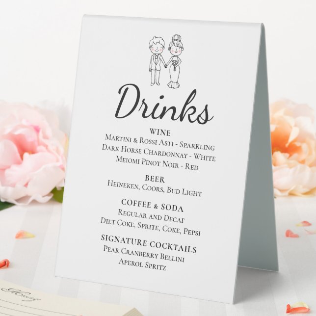 Cartoon Bride Groom Whimsical Wedding Drinks Bar Tischaufsteller (In Situ (Hochzeit))