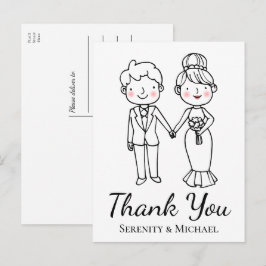 Cartoon Bride Groom Whimsical Wedding Vielen Dank Postkarte
