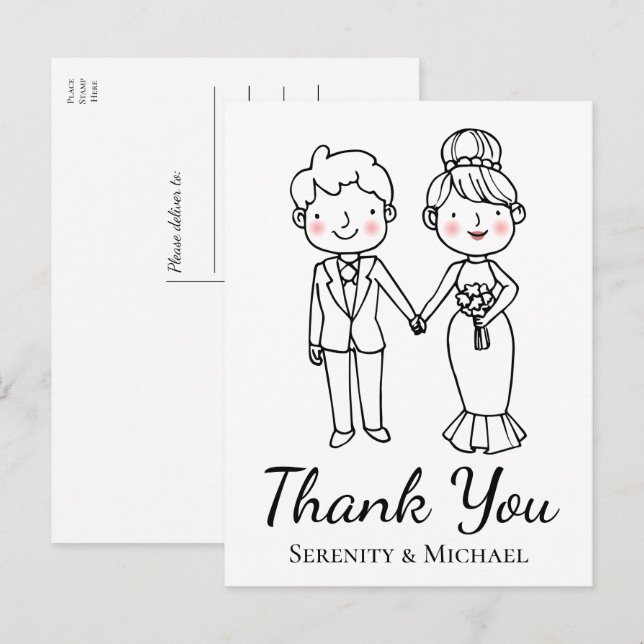 Cartoon Bride Groom Whimsical Wedding Vielen Dank Postkarte (Vorne/Hinten)