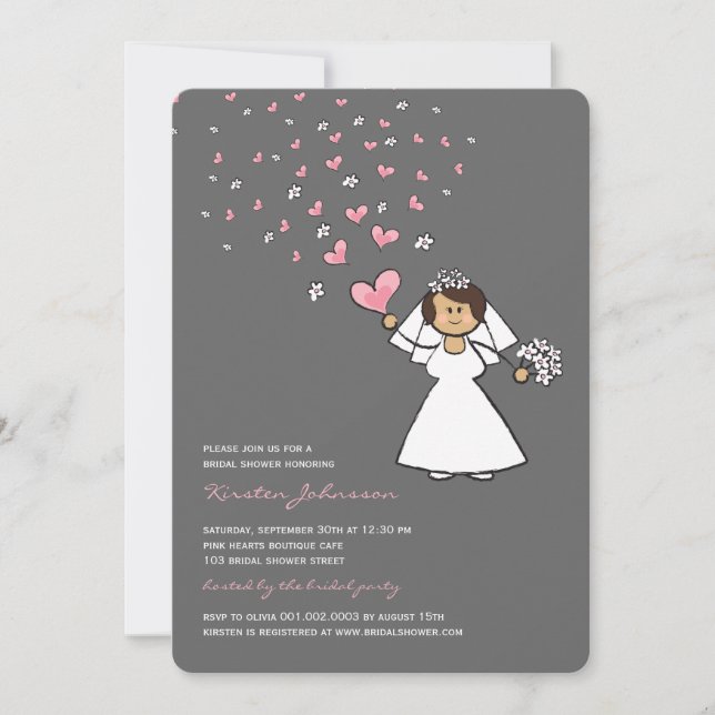 Cartoon Bride Pink Hearts Blume Brautparty Einladung (Vorderseite)
