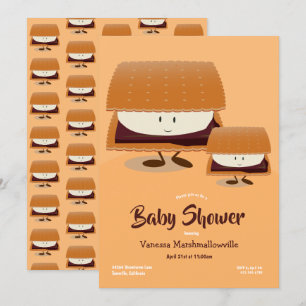 Cartoon Brown White S'more Character Baby Shower Einladung