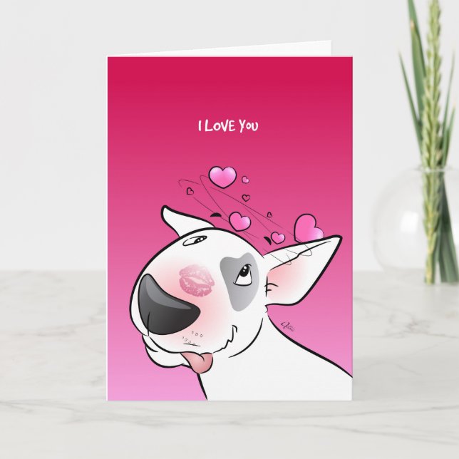 Cartoon Bull Terrier "Je t'aime !" Carte de vœux (Devant)