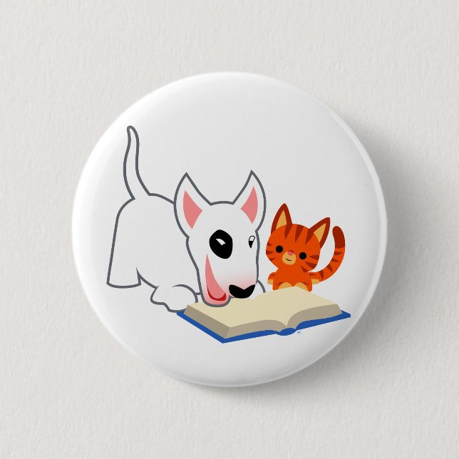 Cartoon Bullie und Kitty mit Buch-Knopf-Abzeichen Button (Vorderseite)