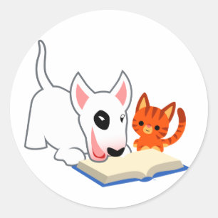 Cartoon Bullie und Kitty mit Buchsticker Runder Aufkleber