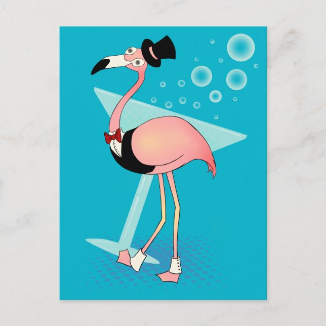 Cartoon Casino Flamingo mit Martini Postkarte (Vorderseite)