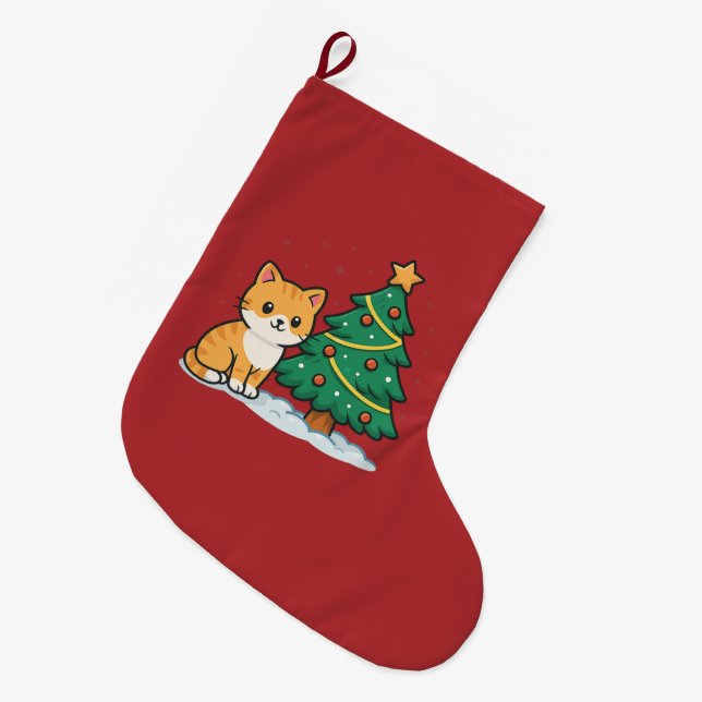 Cartoon Cat by Christmas Tree Snowy Sticker Großer Weihnachtsstrumpf (Vorderansicht (hängend))