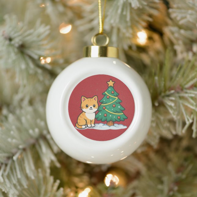 Cartoon Cat by Christmas Tree Snowy Sticker Keramik Kugel-Ornament (Baum)