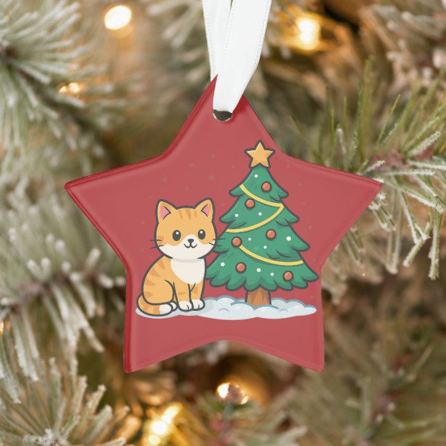 Cartoon Cat by Christmas Tree Snowy Sticker Ornament (Baum)
