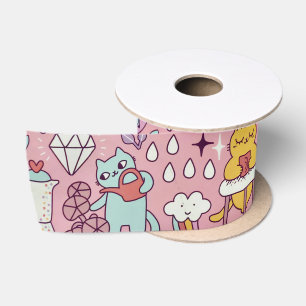 Cartoon Cat Fun on Pink Satinband