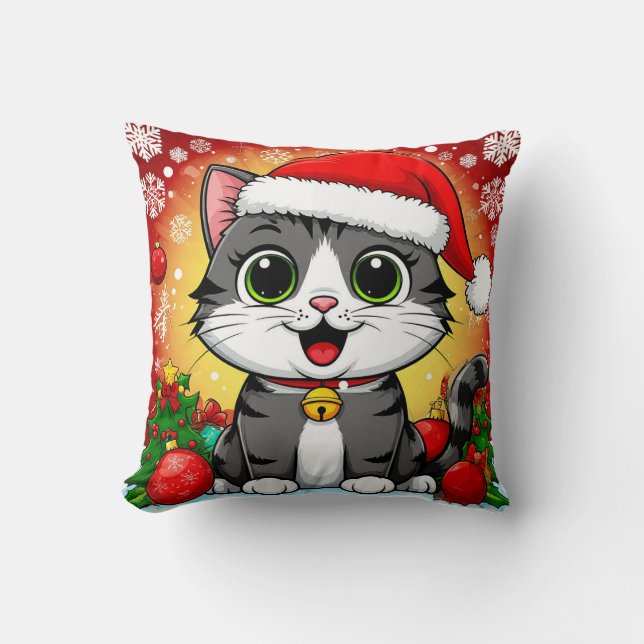 Cartoon Cat in Weihnachtsmannmütze mit Weihnachtsd Kissen (Vorderseite)