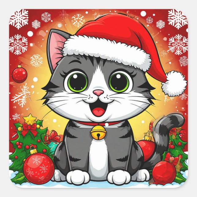 Cartoon Cat in Weihnachtsmannmütze mit Weihnachtsd Quadratischer Aufkleber (Vorderseite)
