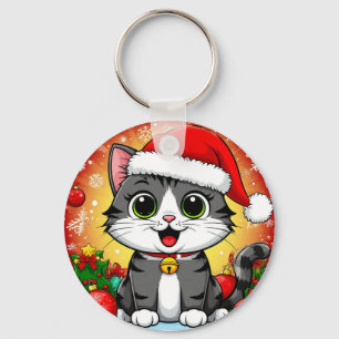 Cartoon Cat in Weihnachtsmannmütze mit Weihnachtsd Schlüsselanhänger