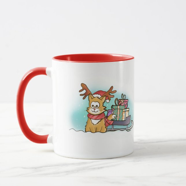 Cartoon Cat mit Rentierhut und Sleigh Weihnachten Tasse (Links)