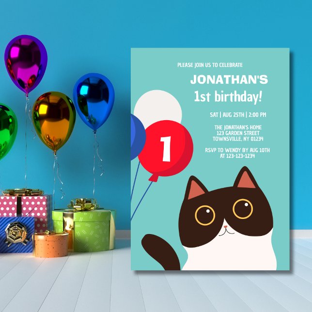 Cartoon Cat Rainbow Ballon Kindergeburtstag Einladung (Von Creator hochgeladen)