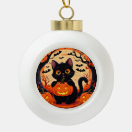 Cartoon Cat und Pumpkins unter Vollmond Keramik Kugel-Ornament