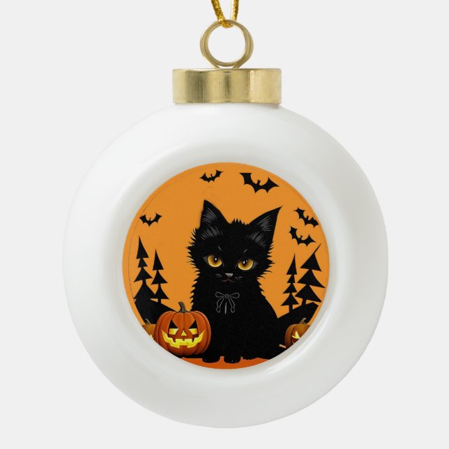 Cartoon Cat und Pumpkins unter Vollmond Keramik Kugel-Ornament (Vorderseite)