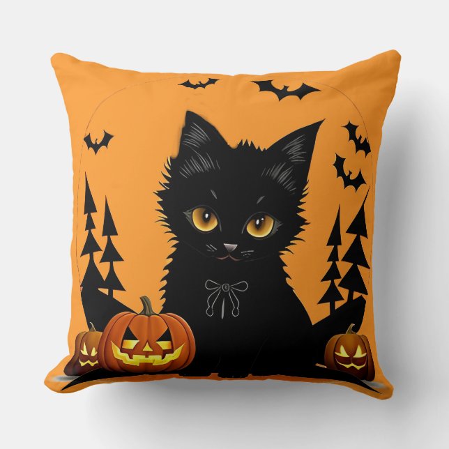 Cartoon Cat und Pumpkins unter Vollmond Kissen (Vorderseite)