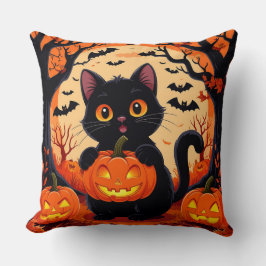 Cartoon Cat und Pumpkins unter Vollmond Kissen