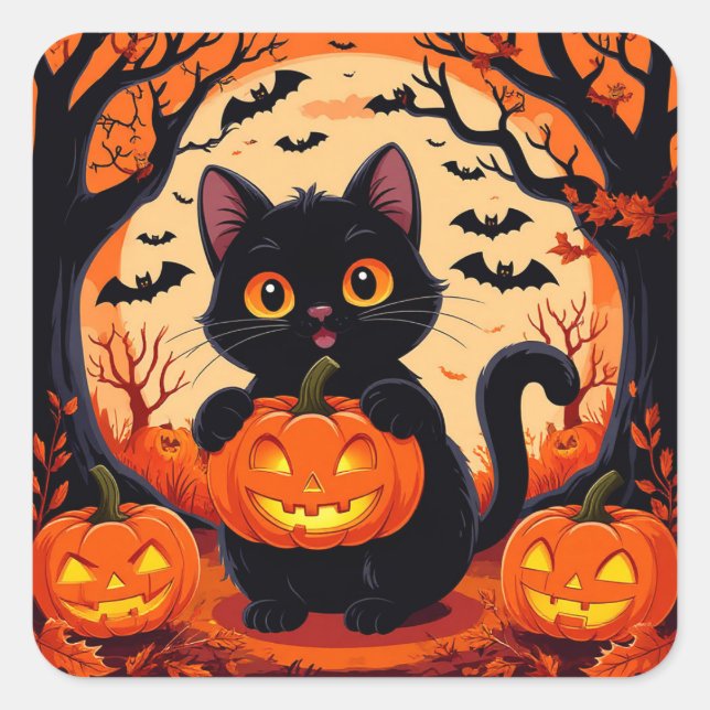 Cartoon Cat und Pumpkins unter Vollmond Quadratischer Aufkleber (Vorderseite)