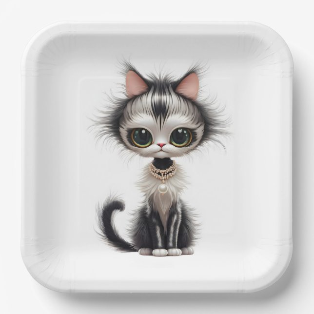 Cartoon Cat with Pearl Necklace Pappteller (Vorderseite)