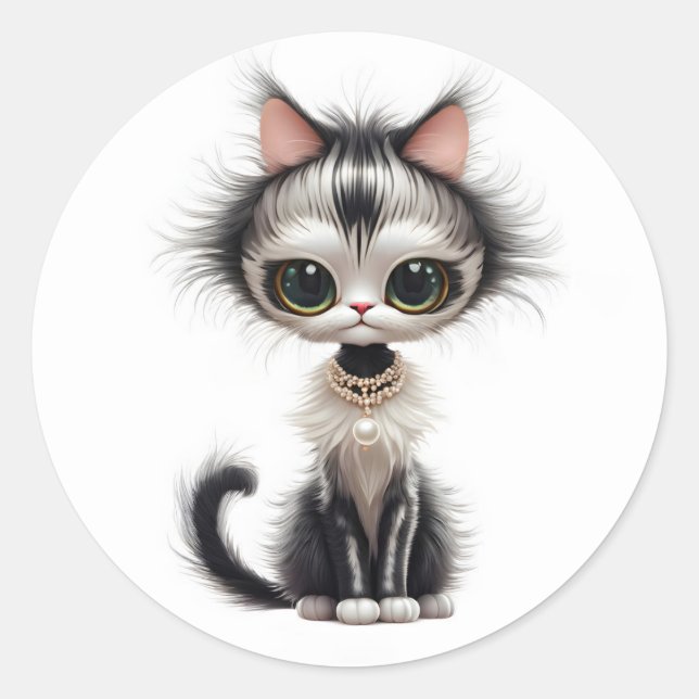 Cartoon Cat with Pearl Necklace Runder Aufkleber (Vorderseite)