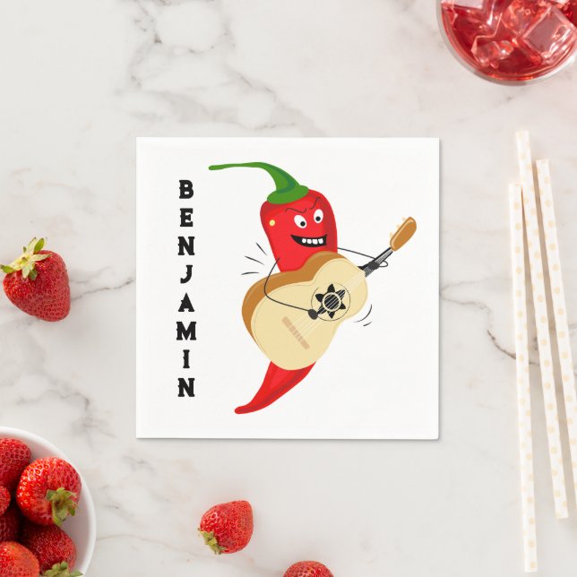 Cartoon Chili Ppper Gitarre spielen Personalisiert Serviette (Beispiel)