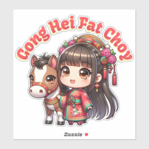 Cartoon Chinesisches Neujahr Pferd und Mädchen Aufkleber