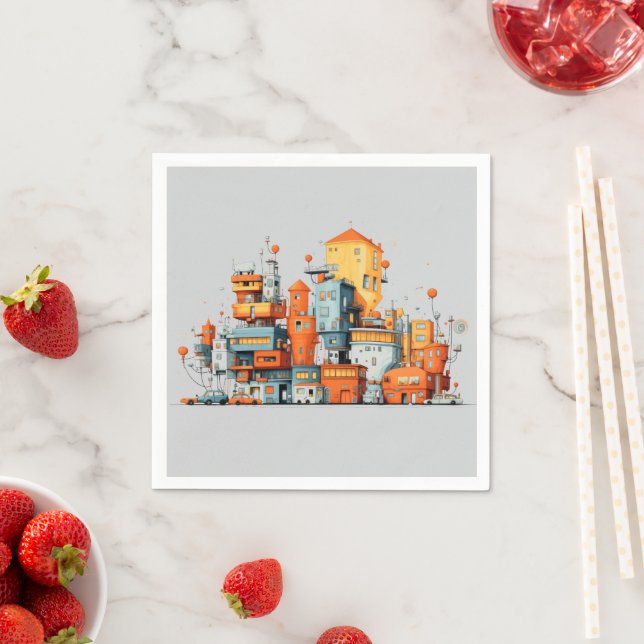 Cartoon City farbenfroh animiert Grau Hintergrund Serviette (Beispiel)