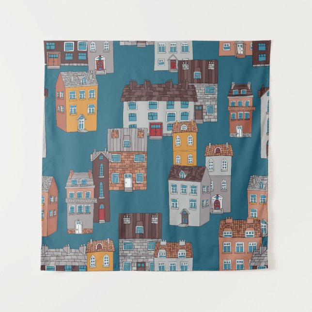 Cartoon City Vintag Wallpaper Wandteppich (Vorderseite)