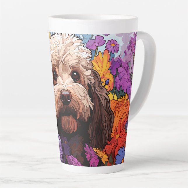 Cartoon Cockapoo im Garten Latte Tasse (Rechte Ecke)