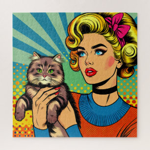 Cartoon-Comic-Pop-Art-Frau hält Katze
