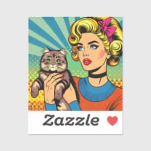Cartoon-Comic-Pop-Art-Frau hält Katze Aufkleber