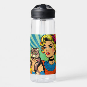 Cartoon-Comic-Pop-Art-Frau hält Katze Trinkflasche